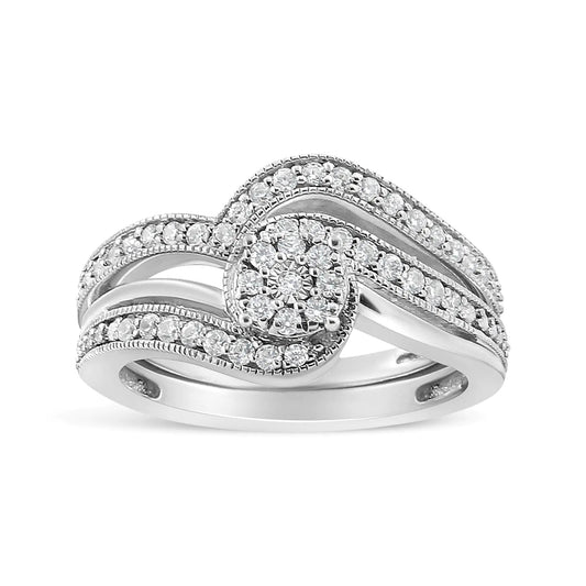 .925 Sterling Silver 1/3ct Cttw Multi-Diamond Bypass Vintage-Style Bridal Set Ring and Band (I-J Color, I3 Clarity) by Anti Spier