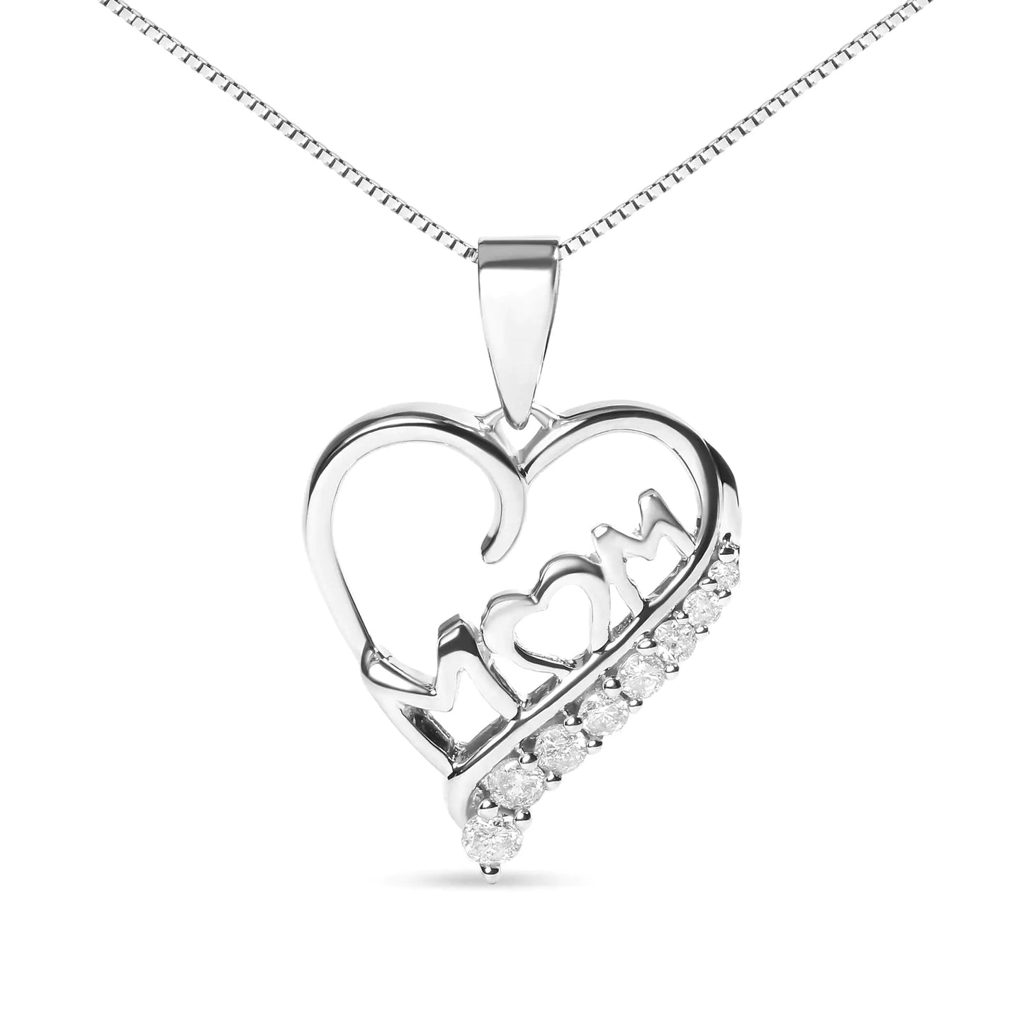 .925 Sterling Silver 1/4 Cttw Diamond "Mom" and Open Heart 18" Pendant Necklace (I-J Color, I2-I3 Clarity) by Anti Spier