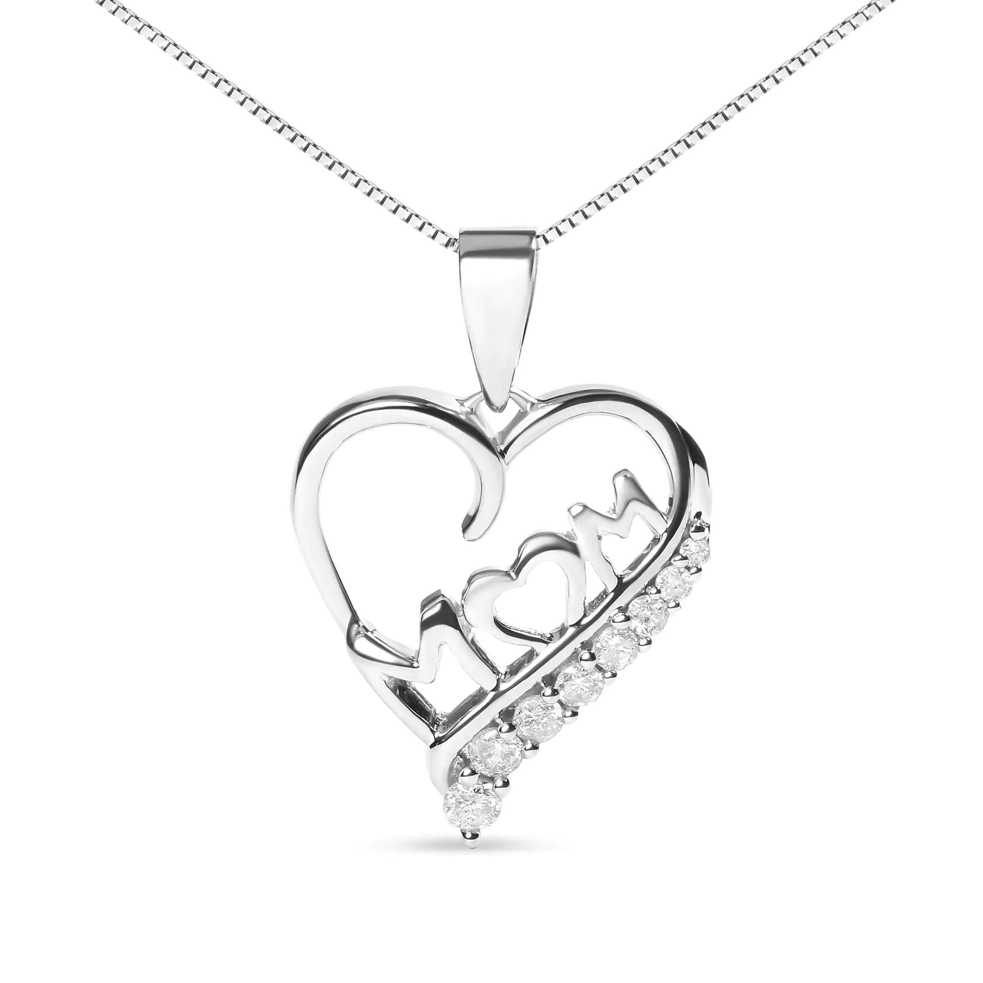.925 Sterling Silver 1/4 Cttw Diamond "Mom" and Open Heart 18" Pendant Necklace (I-J Color, I2-I3 Clarity) by Anti Spier