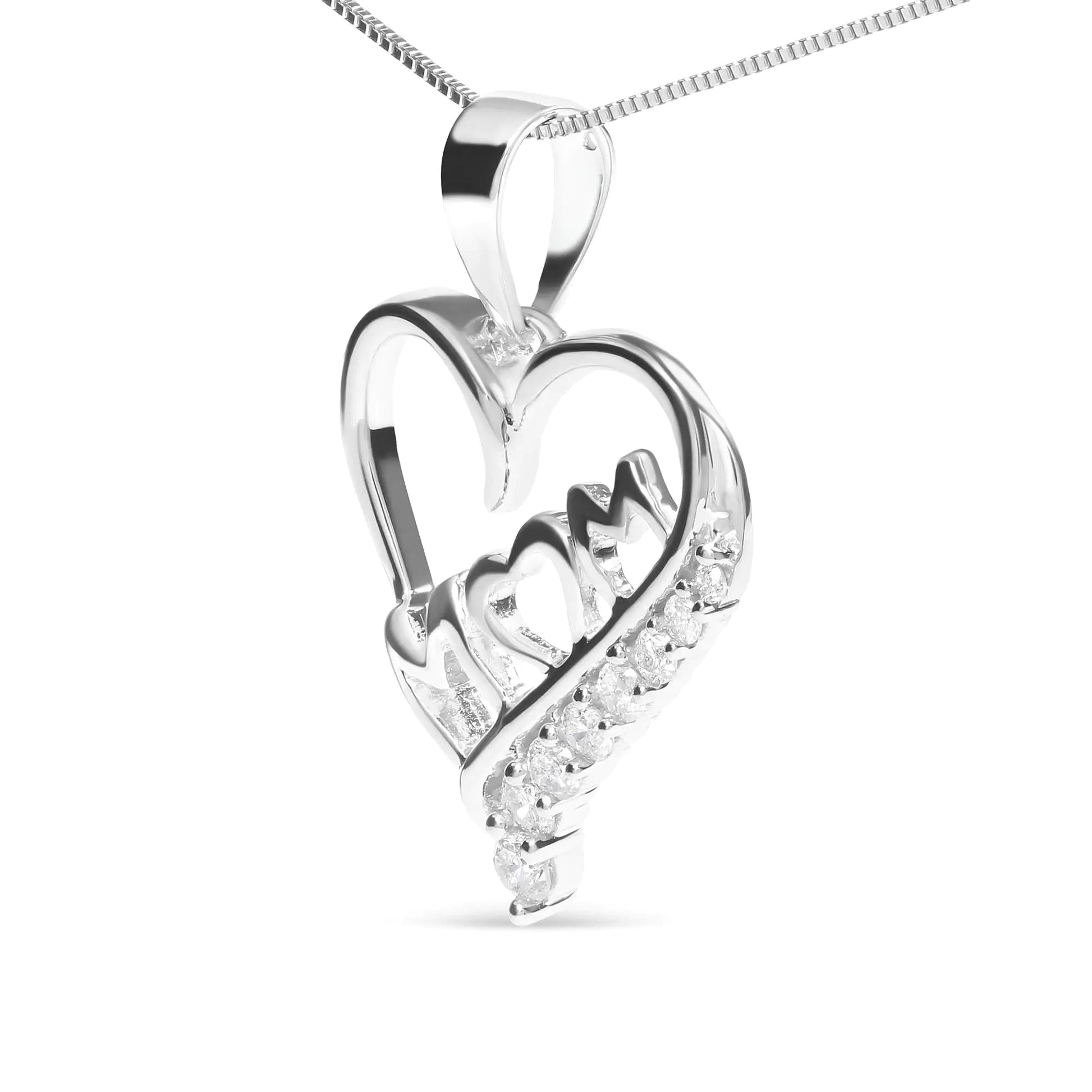 .925 Sterling Silver 1/4 Cttw Diamond "Mom" and Open Heart 18" Pendant Necklace (I-J Color, I2-I3 Clarity) by Anti Spier