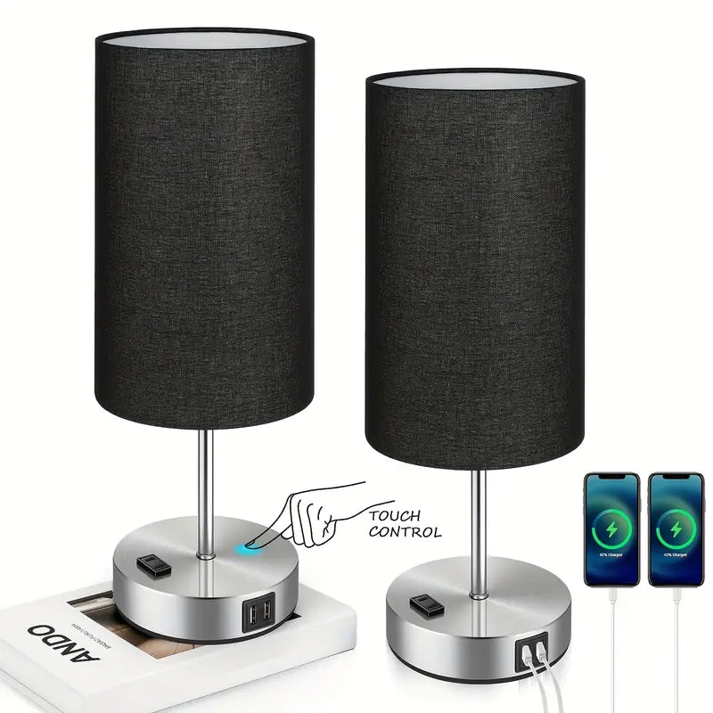2 Pack Touch Control Table Lamps With USB Ports & AC Outlet, 3 Way Dimmable Bedside Lamps With Fabric Shades, A19 LED Bulbs Included, Perfect For Bedroom, Living Room, Reading by Anti Spier