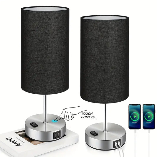 2 Pack Touch Control Table Lamps With USB Ports & AC Outlet, 3 Way Dimmable Bedside Lamps With Fabric Shades, A19 LED Bulbs Included, Perfect For Bedroom, Living Room, Reading by Anti Spier