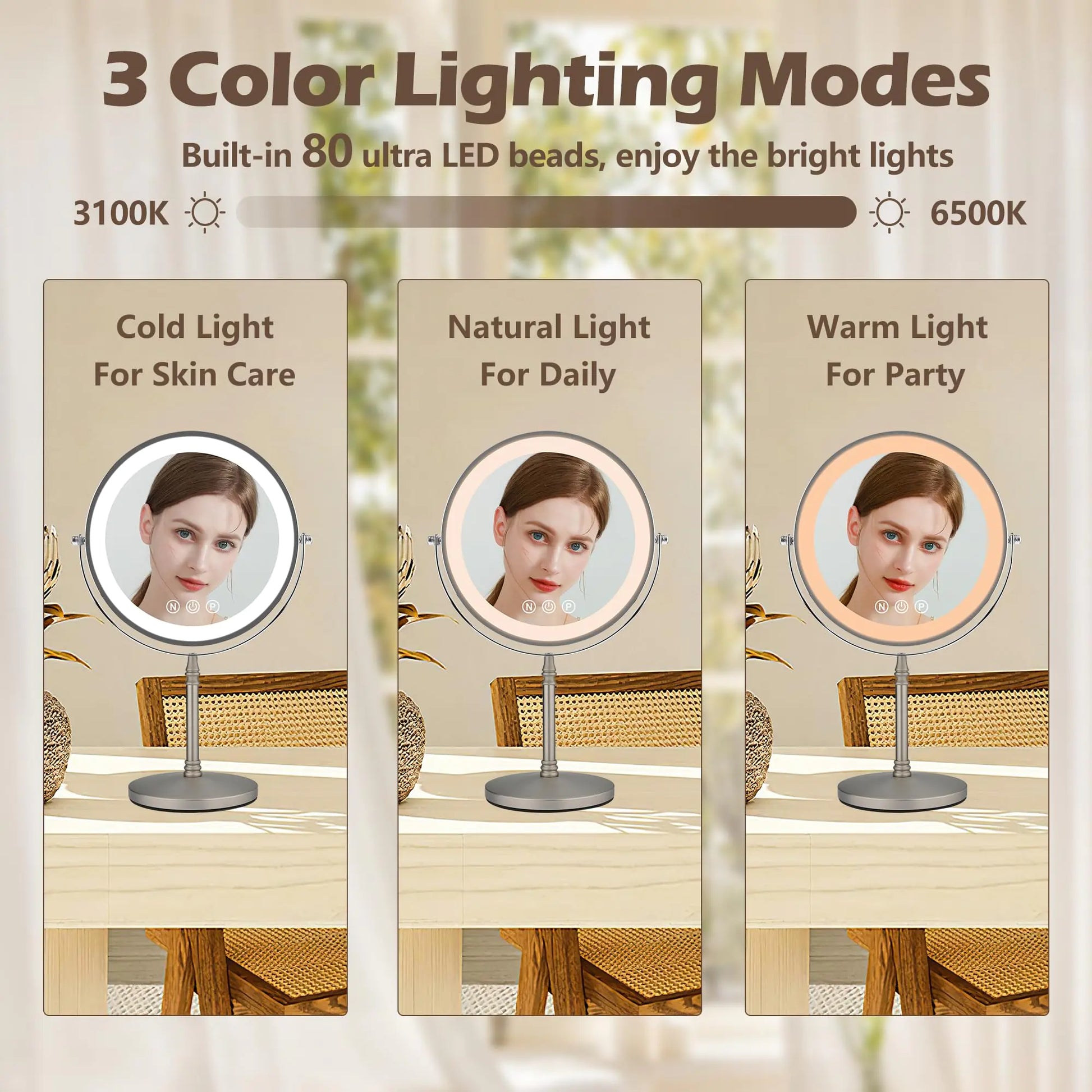 9" Large Makeup Mirror with Lights, 1X/10X Magnifying Vanity Mirror with 3 Colors Dimmable Lightning, 80 LED Lights, 360°Rotation Double Sided Standing Lighted Makeup Mirror Nickel Matte Nickel by Anti Spier