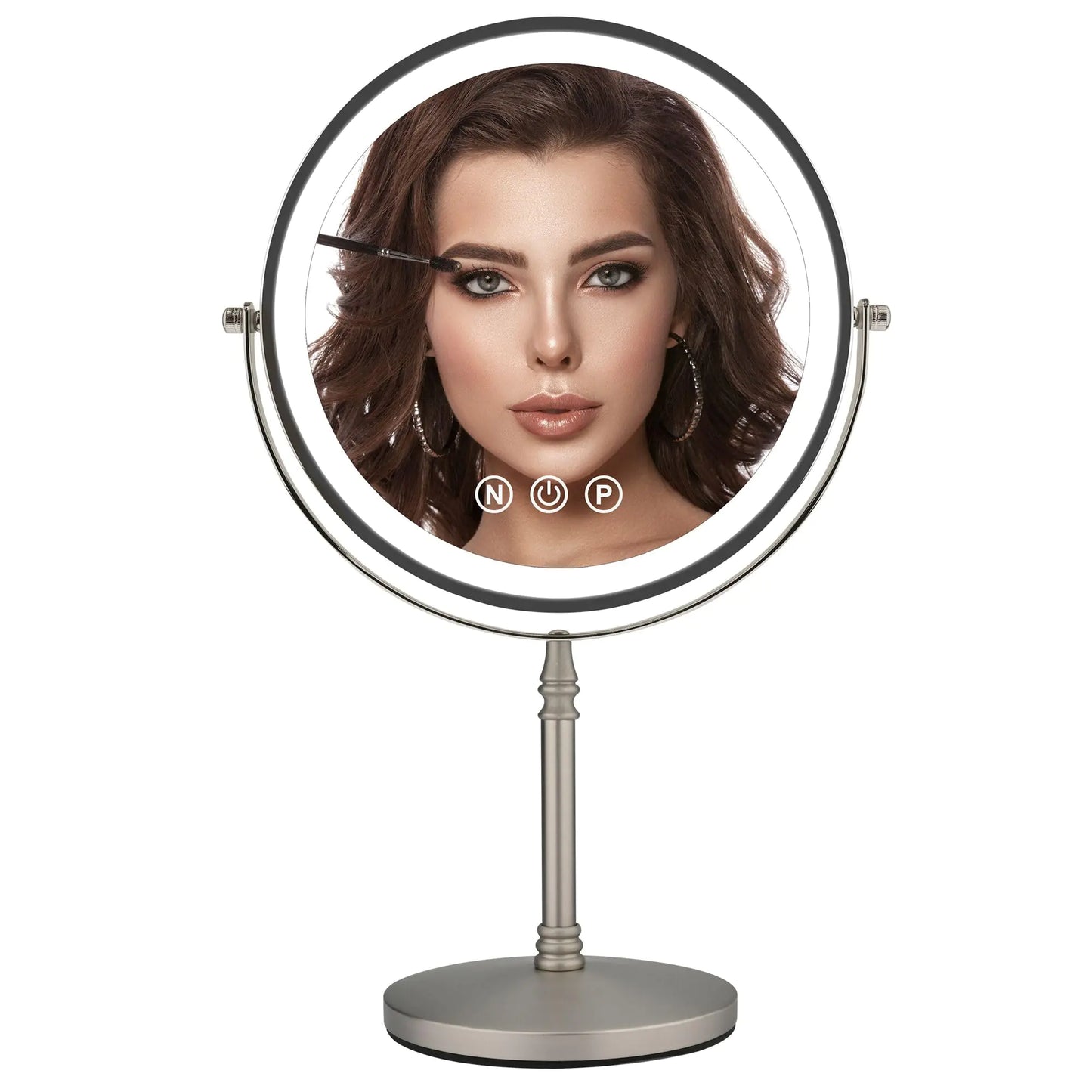 9" Large Makeup Mirror with Lights, 1X/10X Magnifying Vanity Mirror with 3 Colors Dimmable Lightning, 80 LED Lights, 360°Rotation Double Sided Standing Lighted Makeup Mirror Nickel Matte Nickel by Anti Spier