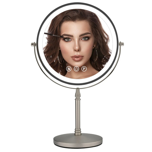 9" Large Makeup Mirror with Lights, 1X/10X Magnifying Vanity Mirror with 3 Colors Dimmable Lightning, 80 LED Lights, 360°Rotation Double Sided Standing Lighted Makeup Mirror Nickel Matte Nickel by Anti Spier