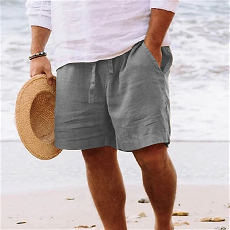 Men's shorts cotton hemp summer drawstring elastic waist straight legs Solid color comfortable breathable short daily beach by Hypersku