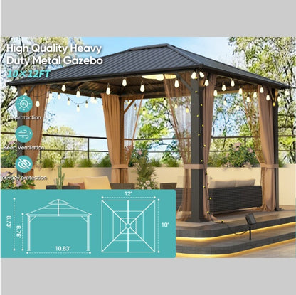 10x12 Hard-top Metal Gazebo, Heavy Duty Gazebo With Mosquito Net by Anti Spier