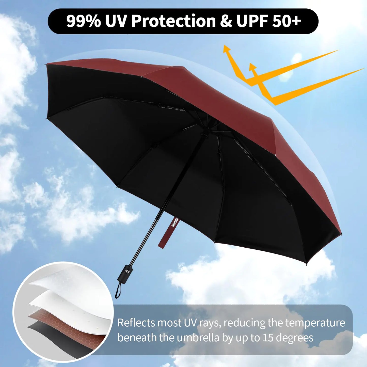 Yoobure Windproof Travel Umbrella, Automatic Umbrellas for Rain, Portable & Compact Umbrella for Backpack, Sun Umbrella for Walking, Folding Small Umbrella for Car, Lightweight Strong UV Protection Auto-Burgundy Red by Anti Spier