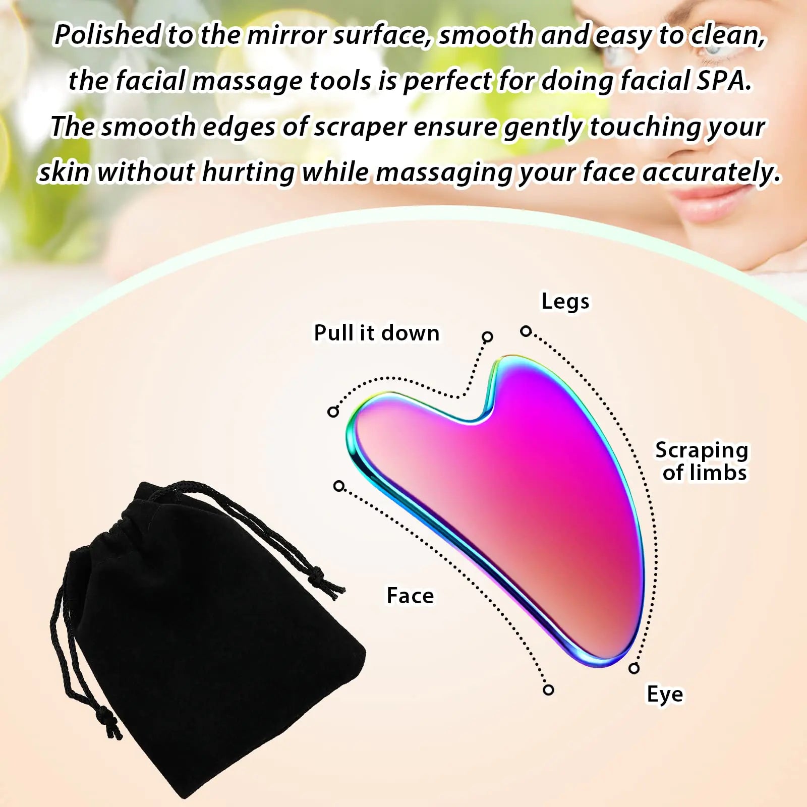 Nuanchu Stainless Steel Gua Sha Facial Tools Guasha for Face Metal Gua Sha Tighten Skin Massage Guasha Beauty Tool for Body Eyes Neck Massager with Travel Pouch Skin Care Gifts (Rainbow Color) Rainbow Color by Anti Spier