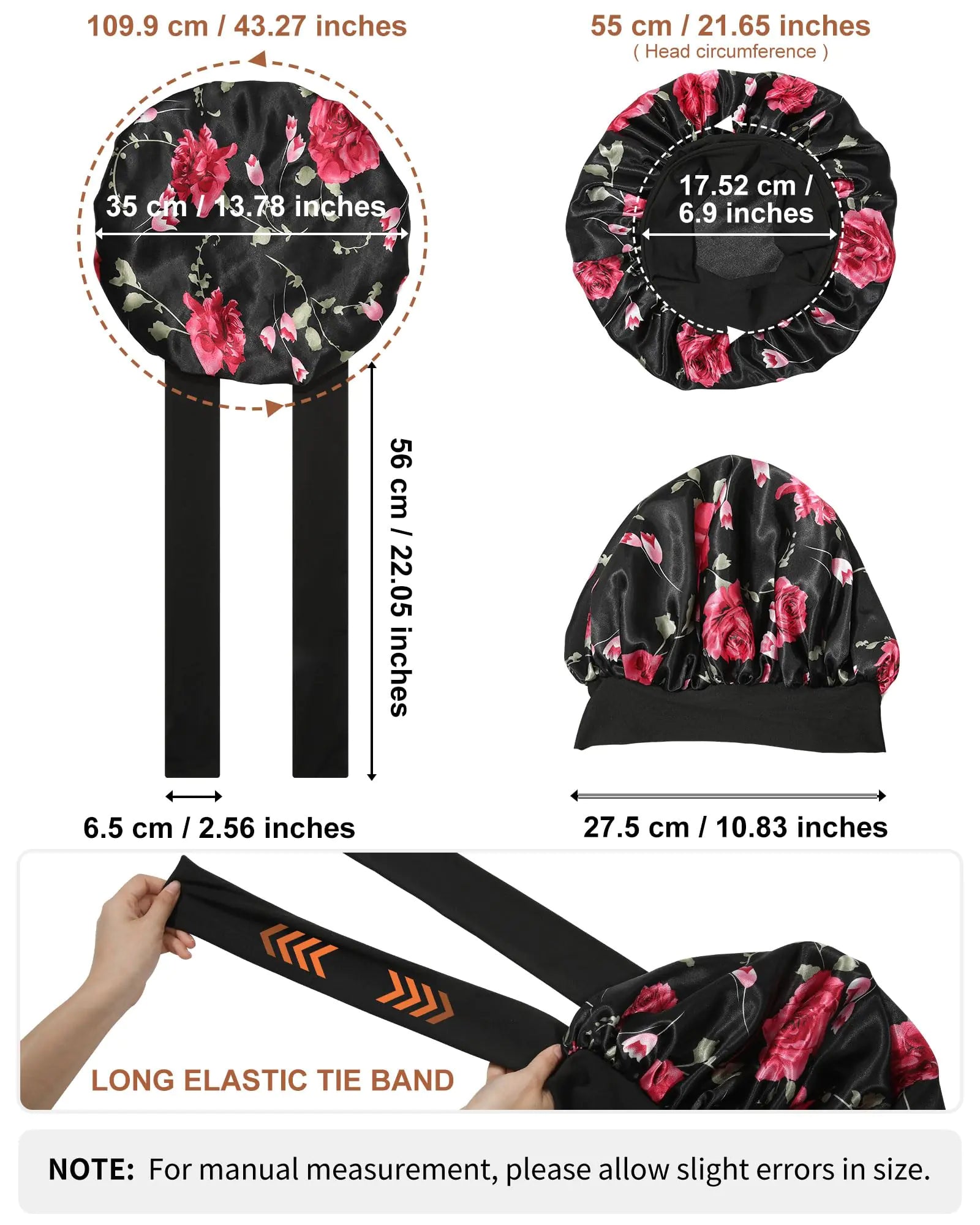Satin Bonnet for Women Silk Bonnets for Sleeping Curly Hair Bonnet with Tie Band Double Layer Sleep Cap Hair Wrap 7-7 3/8 Black + Red Flower by Anti Spier