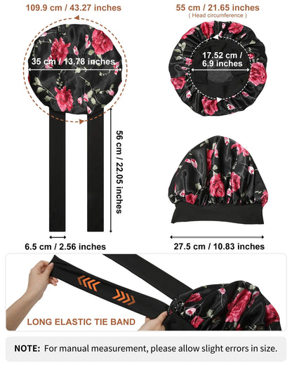 Satin Bonnet for Women Silk Bonnets for Sleeping Curly Hair Bonnet with Tie Band Double Layer Sleep Cap Hair Wrap 7-7 3/8 Black + Red Flower by Anti Spier