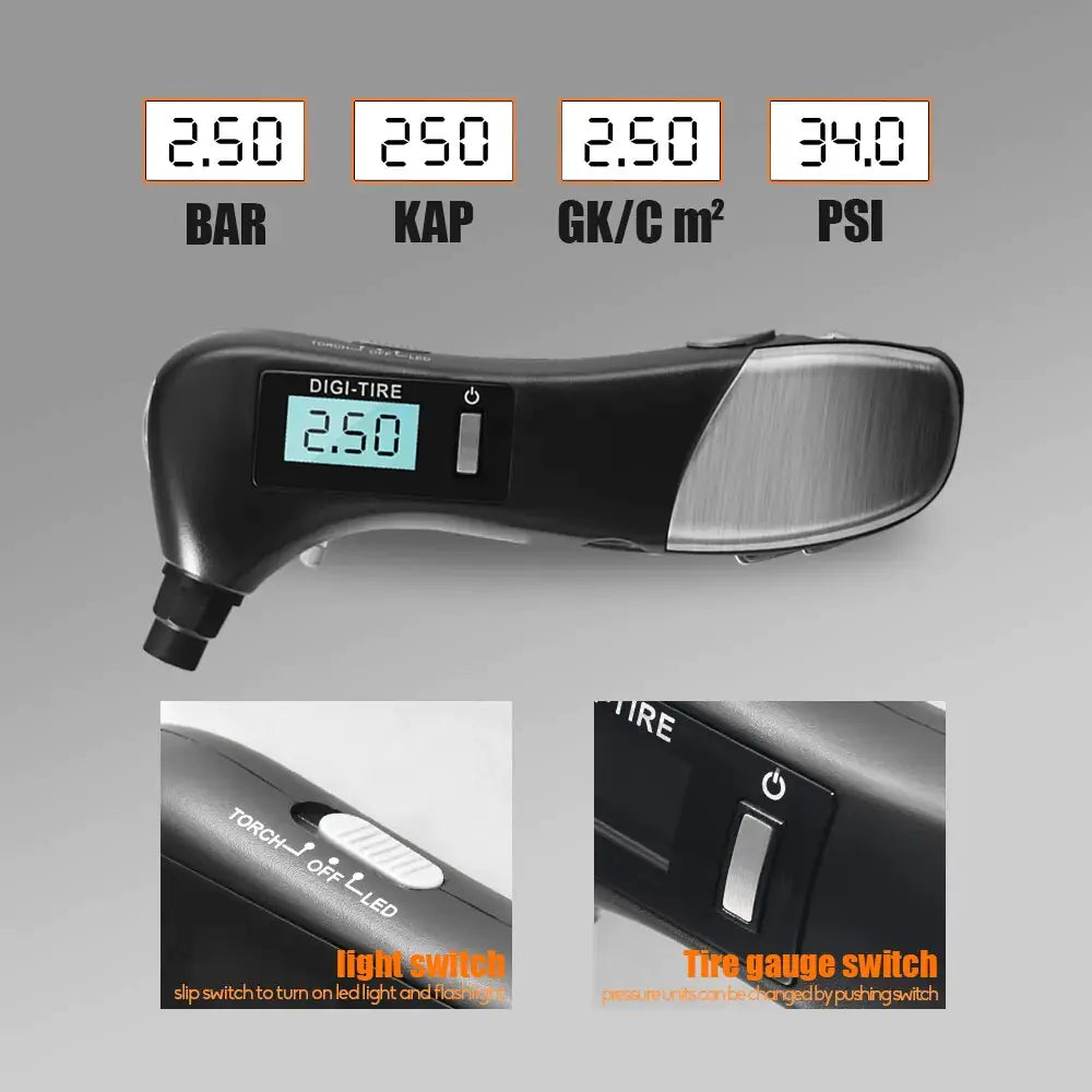 9 in 1 Digital Tire Pressure Alarm Gauge Multifunctional Tyre Pressure Sensor Tpms Systems w LED Flashlight Car Hammer by Anti Spier