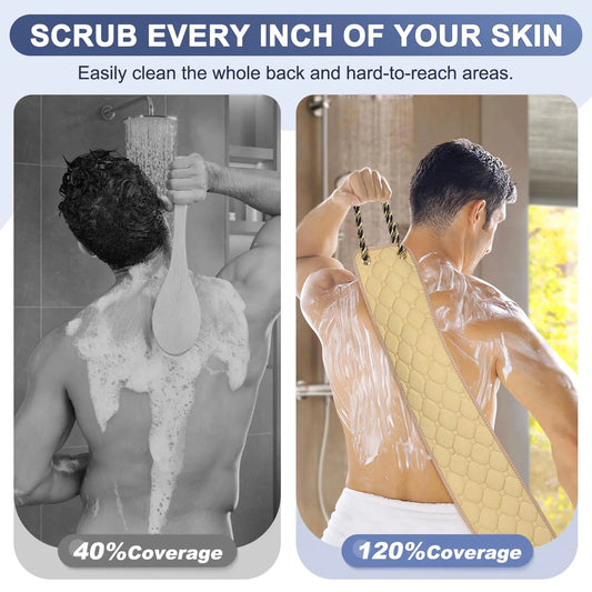 Exfoliating Back Scrubber with Handles, 39 Inch Double-Sided Back Exfoliator Body Scrub Towel, Exfoliating Washcloth Bath Tool for Use in Shower, Back Washer to Deep Clean Your Skin for Men & Women Beige (39*5.5 Inch) by Anti Spier