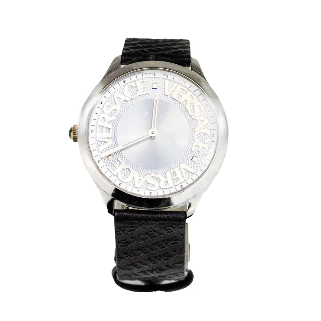 Versace 38mm Silver Logo Halo Dial Embossed Leather Watch by Anti Spier