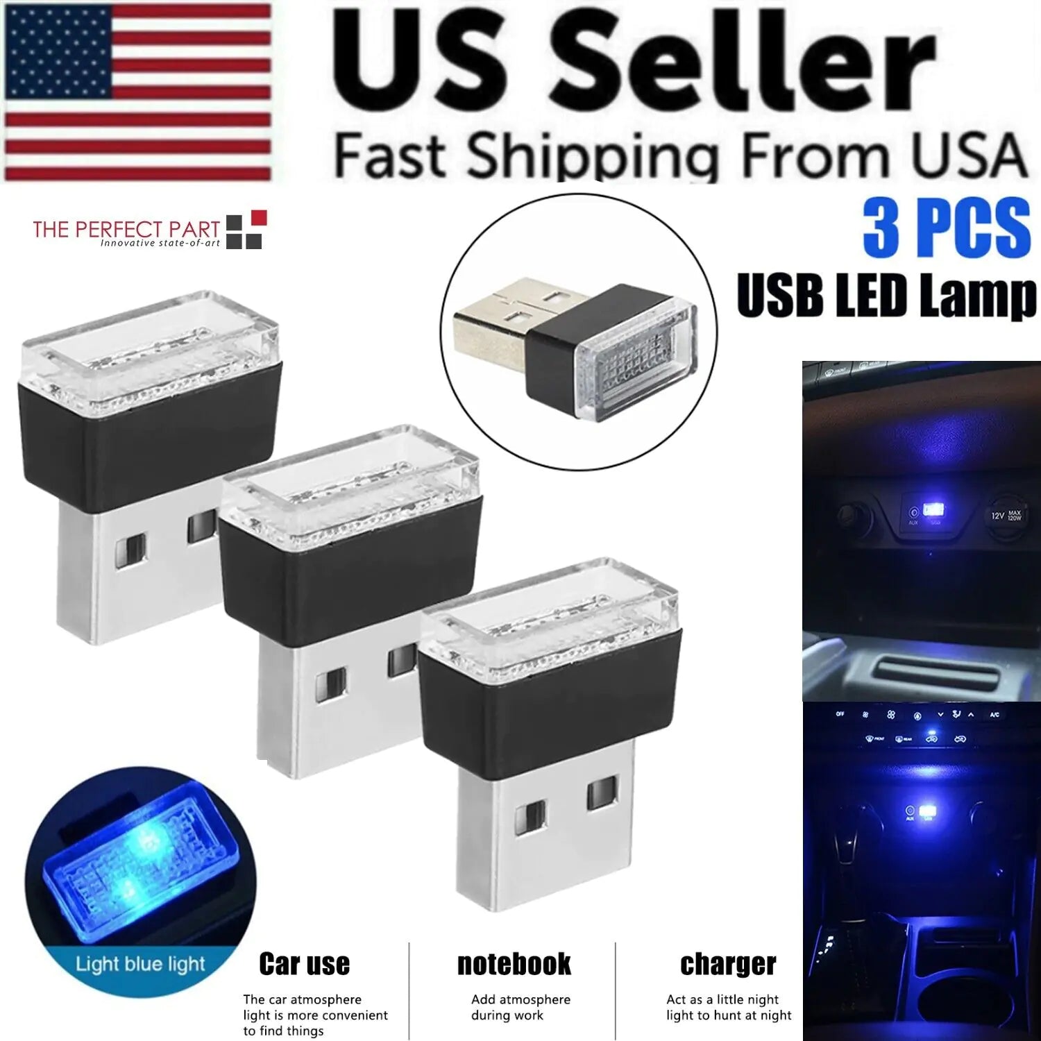 3x Mini Blue LED USB Car Interior Light Neon Atmosphere Ambient Lamp Accessories by Anti Spier