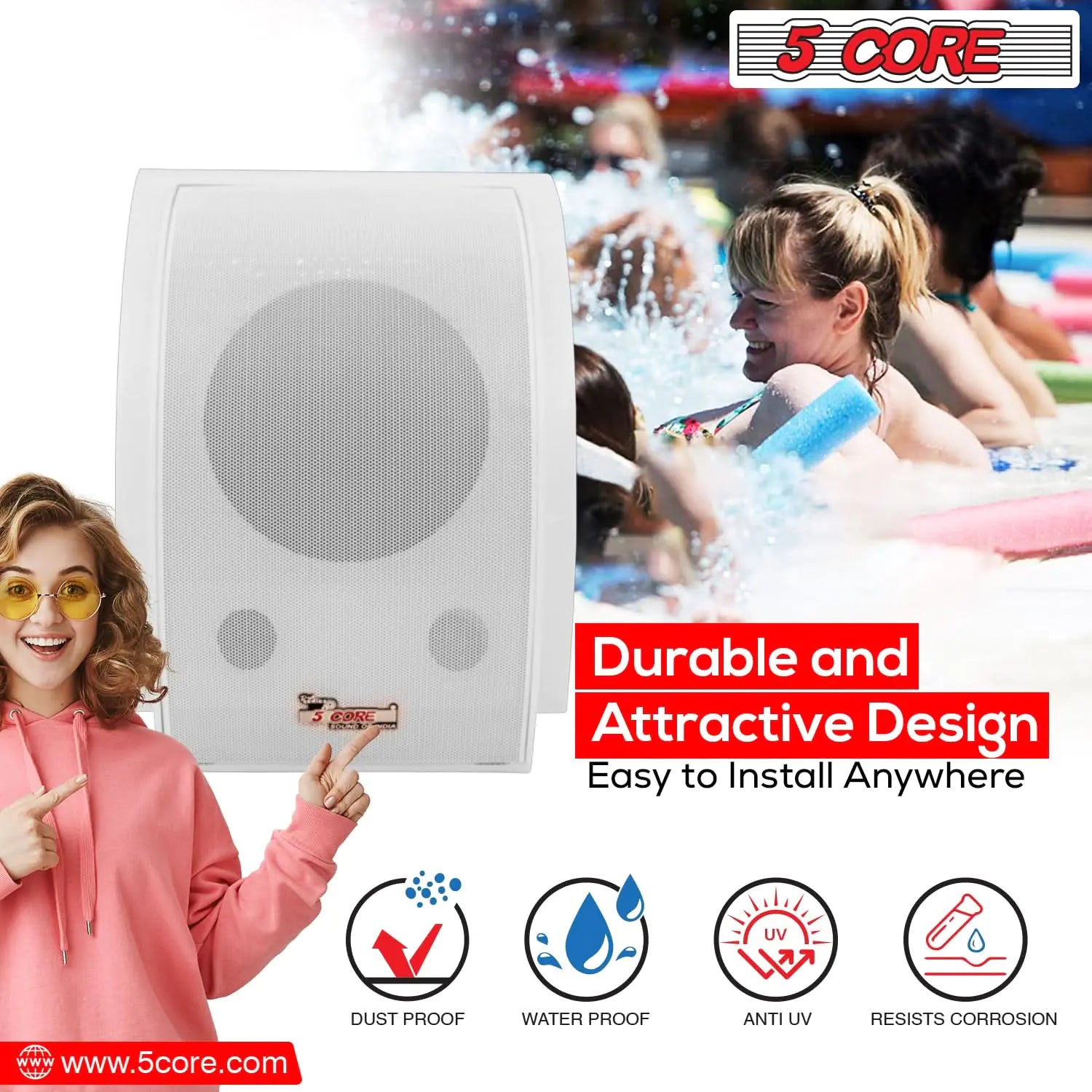 5Core Outdoor Speakers Stereo In Wall 100W Peak Passive Home Audio System by Anti Spier