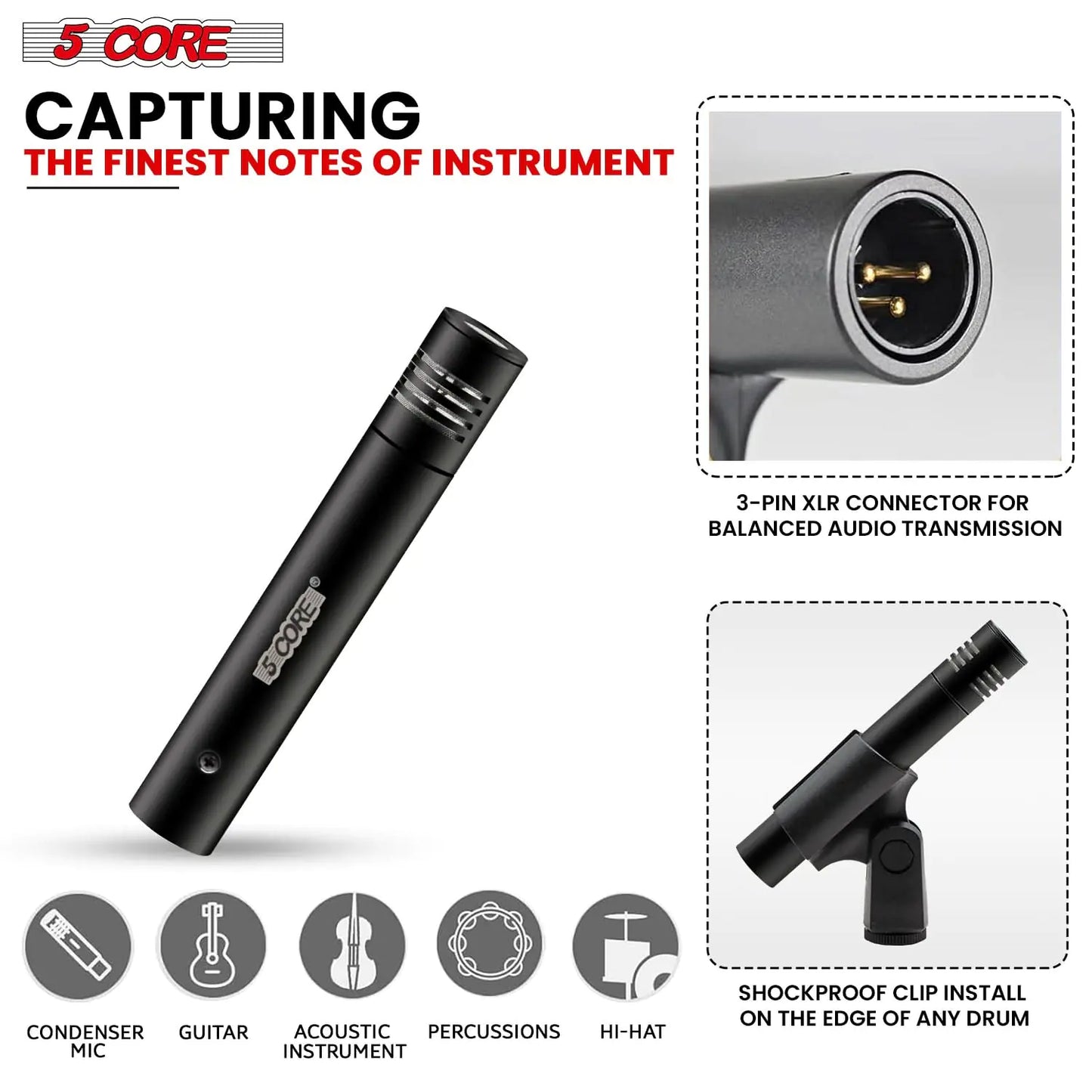 5Core Dynamic Instrument Microphone Professional XLR Cardioid Pencil Stick Condenser Mic by Anti Spier