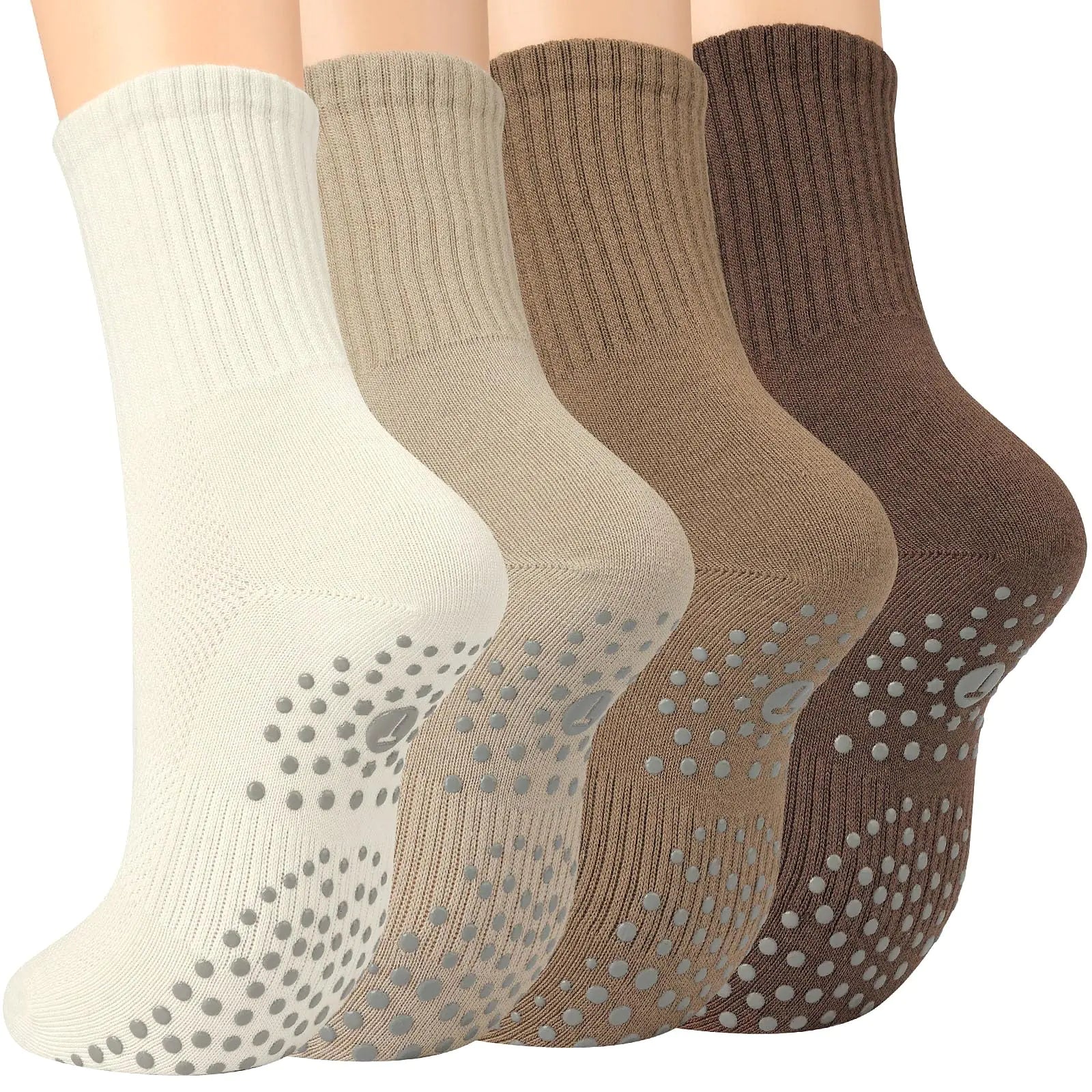 Toes Home Pilates Socks for Women with Non Slip Grippers, Yoga Crew Socks for Barre Hospital Sticky Slipper Socks 4 Pairs 6-10 Tan by Anti Spier