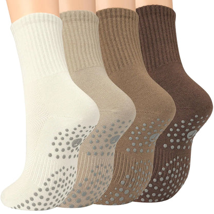 Toes Home Pilates Socks for Women with Non Slip Grippers, Yoga Crew Socks for Barre Hospital Sticky Slipper Socks 4 Pairs 6-10 Tan by Anti Spier