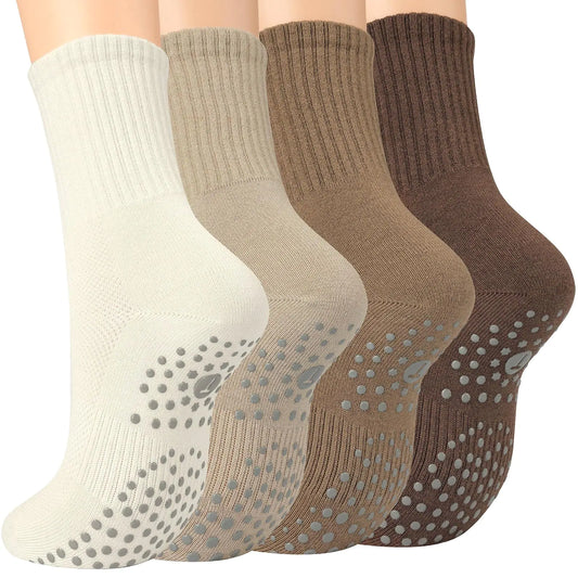 Toes Home Pilates Socks for Women with Non Slip Grippers, Yoga Crew Socks for Barre Hospital Sticky Slipper Socks 4 Pairs 6-10 Tan by Anti Spier