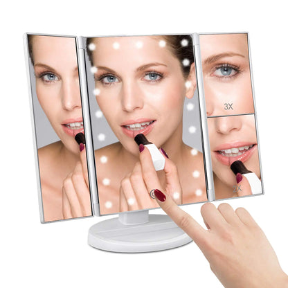 Floor Mount Tri-Fold Lighted Vanity Mirror with 21 LED Lights, Touch Screen and 3X/2X/1X Magnification, Two Power Supply Modes Make Up Mirror,Travel Mirror White by Anti Spier