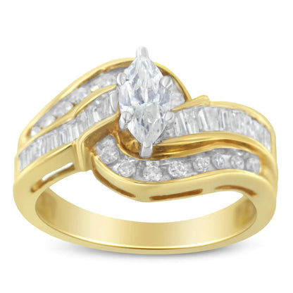 14KT Two-Toned Gold Marquise, Baguette and Round Cut Diamond Bypass Ring (1 cttw, H-I Color, SI1-SI2 Clarity) () by Anti Spier