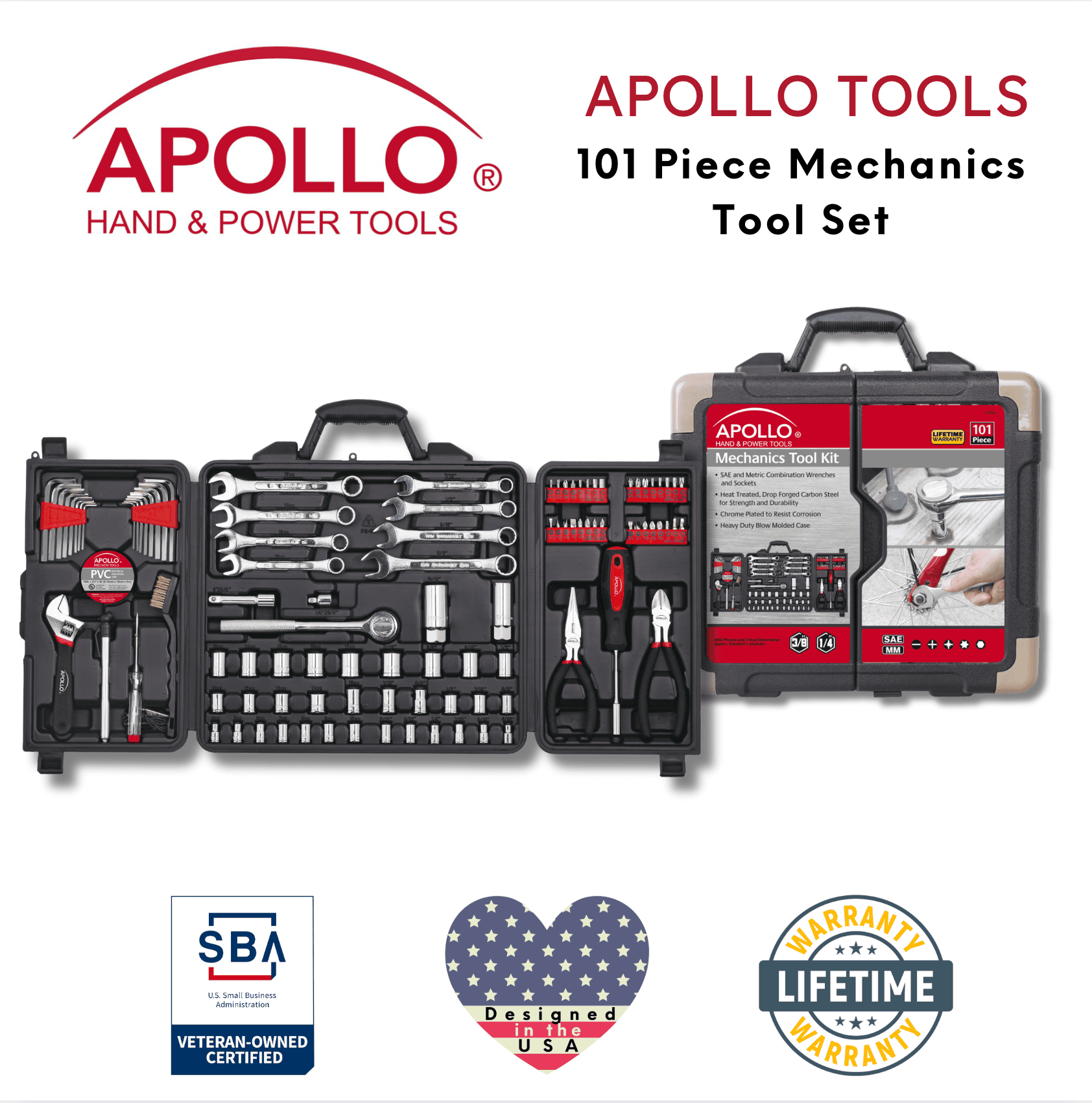 101 Piece Mechanic Tool Set for Vehicle and Home Maintenance, Roadside Emergencies. SAE and Metric Tool Set for Car, Boat, RV, Bikes - DT0006 by Apollo Tools
