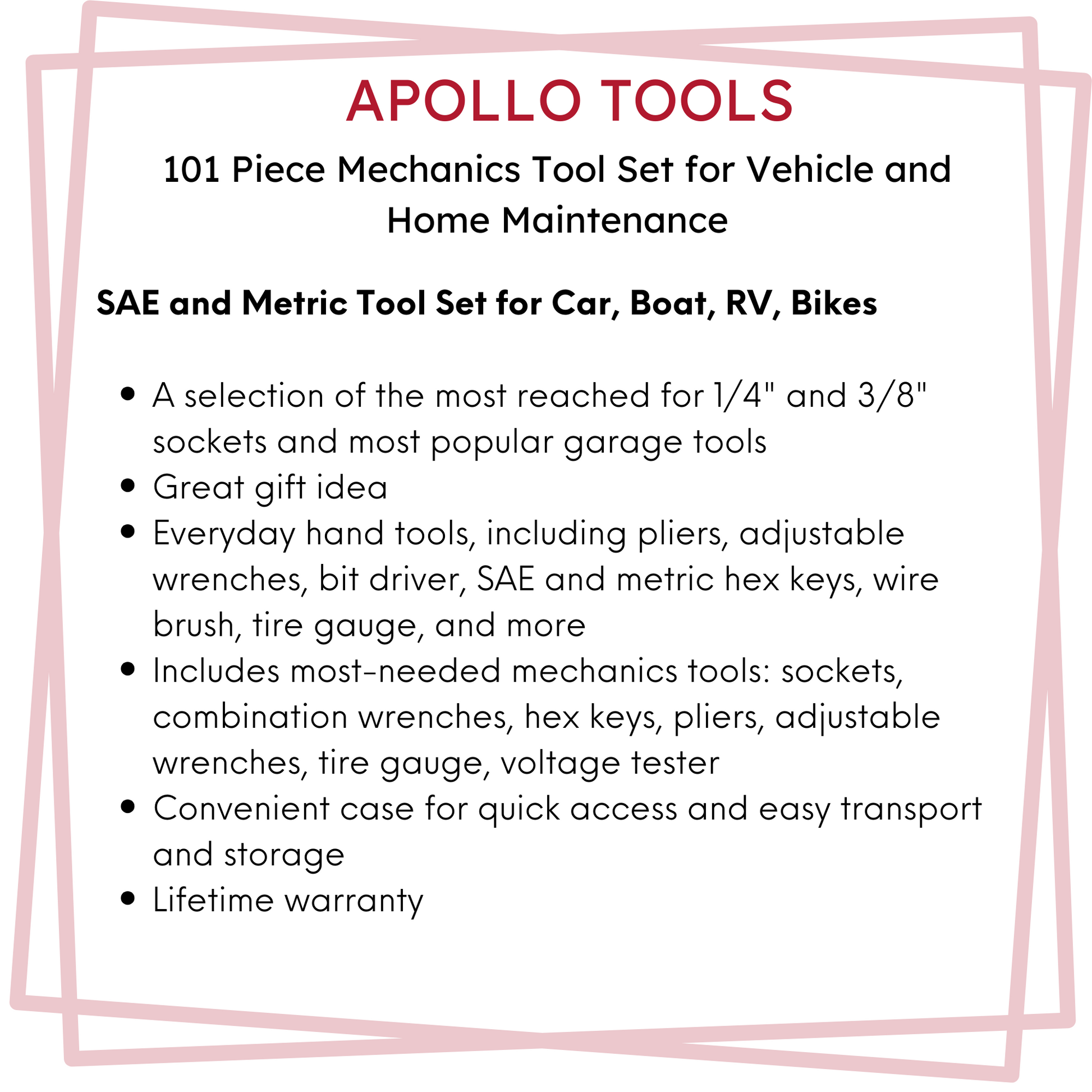 101 Piece Mechanic Tool Set for Vehicle and Home Maintenance, Roadside Emergencies. SAE and Metric Tool Set for Car, Boat, RV, Bikes - DT0006 by Apollo Tools
