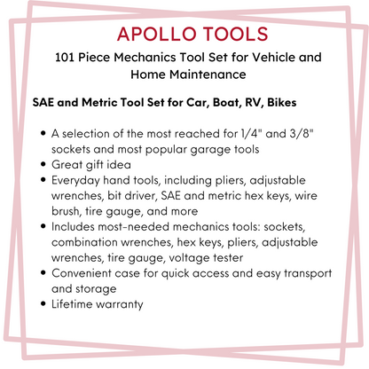 101 Piece Mechanic Tool Set for Vehicle and Home Maintenance, Roadside Emergencies. SAE and Metric Tool Set for Car, Boat, RV, Bikes - DT0006 by Apollo Tools