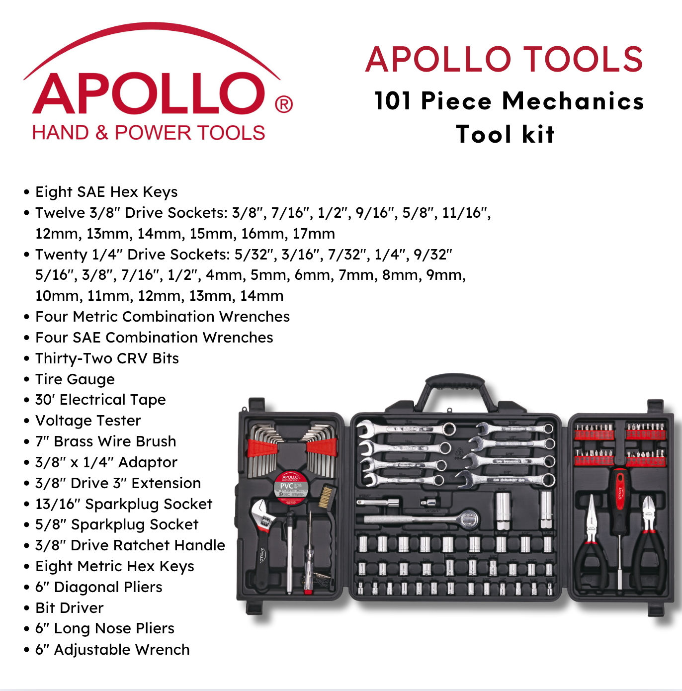 101 Piece Mechanic Tool Set for Vehicle and Home Maintenance, Roadside Emergencies. SAE and Metric Tool Set for Car, Boat, RV, Bikes - DT0006 by Apollo Tools