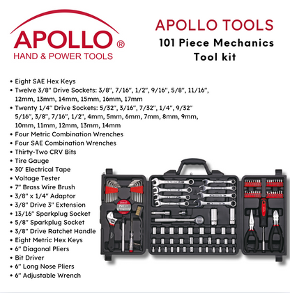 101 Piece Mechanic Tool Set for Vehicle and Home Maintenance, Roadside Emergencies. SAE and Metric Tool Set for Car, Boat, RV, Bikes - DT0006 by Apollo Tools