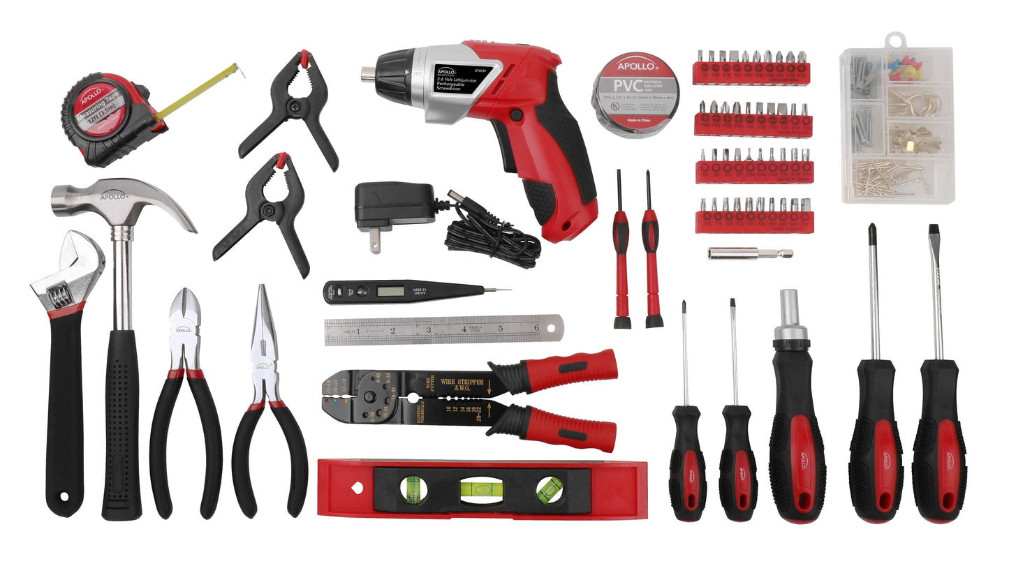161 Piece Household Tool Kit with Convenient 3.6 Volt Lithium Ion Cordless Screwdriver - DT0739 by Apollo Tools