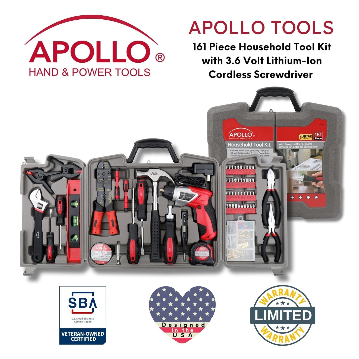 161 Piece Household Tool Kit with Convenient 3.6 Volt Lithium Ion Cordless Screwdriver - DT0739 by Apollo Tools