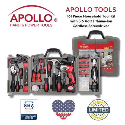 161 Piece Household Tool Kit with Convenient 3.6 Volt Lithium Ion Cordless Screwdriver - DT0739 by Apollo Tools