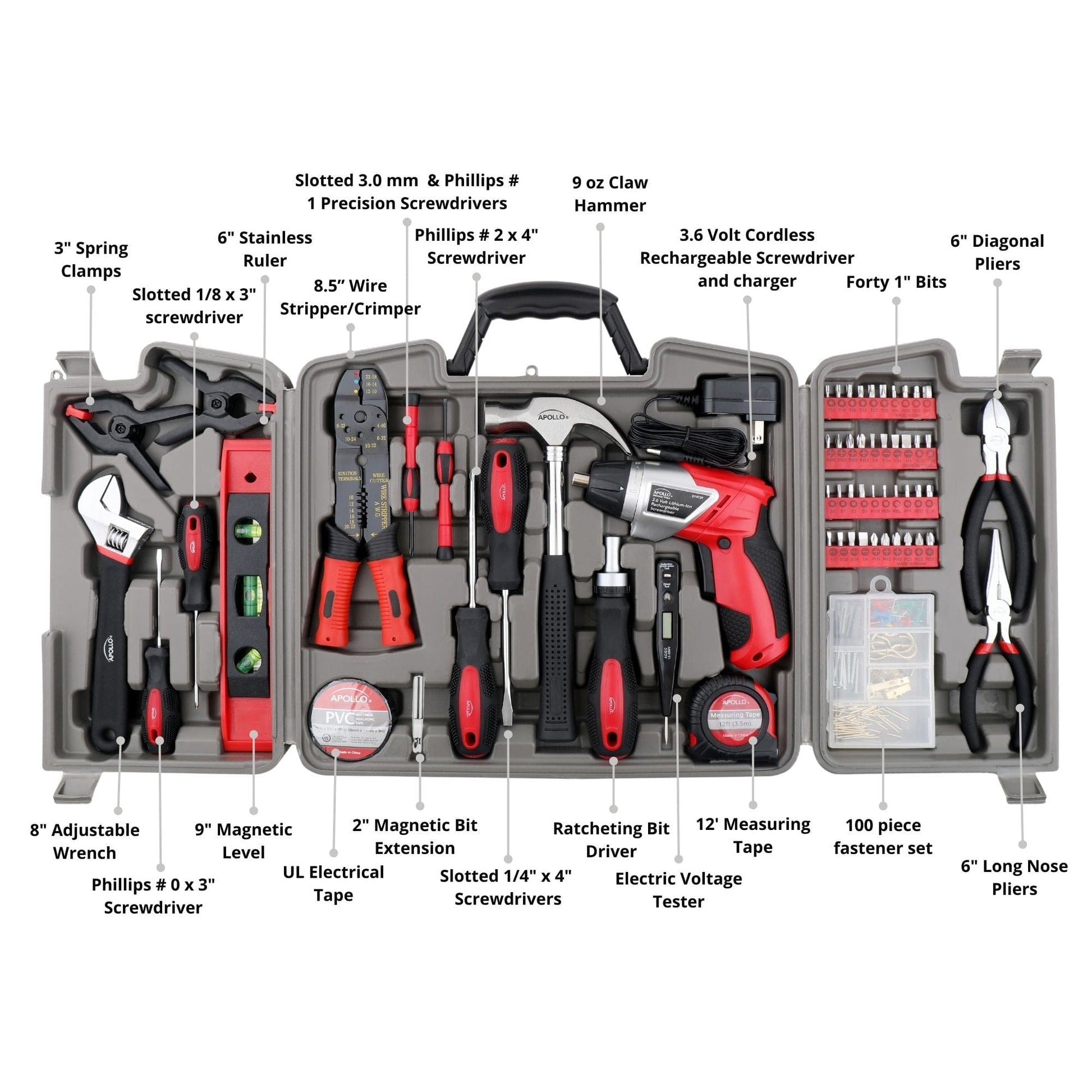 161 Piece Household Tool Kit with Convenient 3.6 Volt Lithium Ion Cordless Screwdriver - DT0739 by Apollo Tools