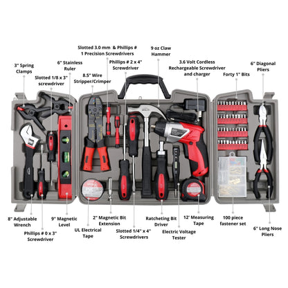 161 Piece Household Tool Kit with Convenient 3.6 Volt Lithium Ion Cordless Screwdriver - DT0739 by Apollo Tools