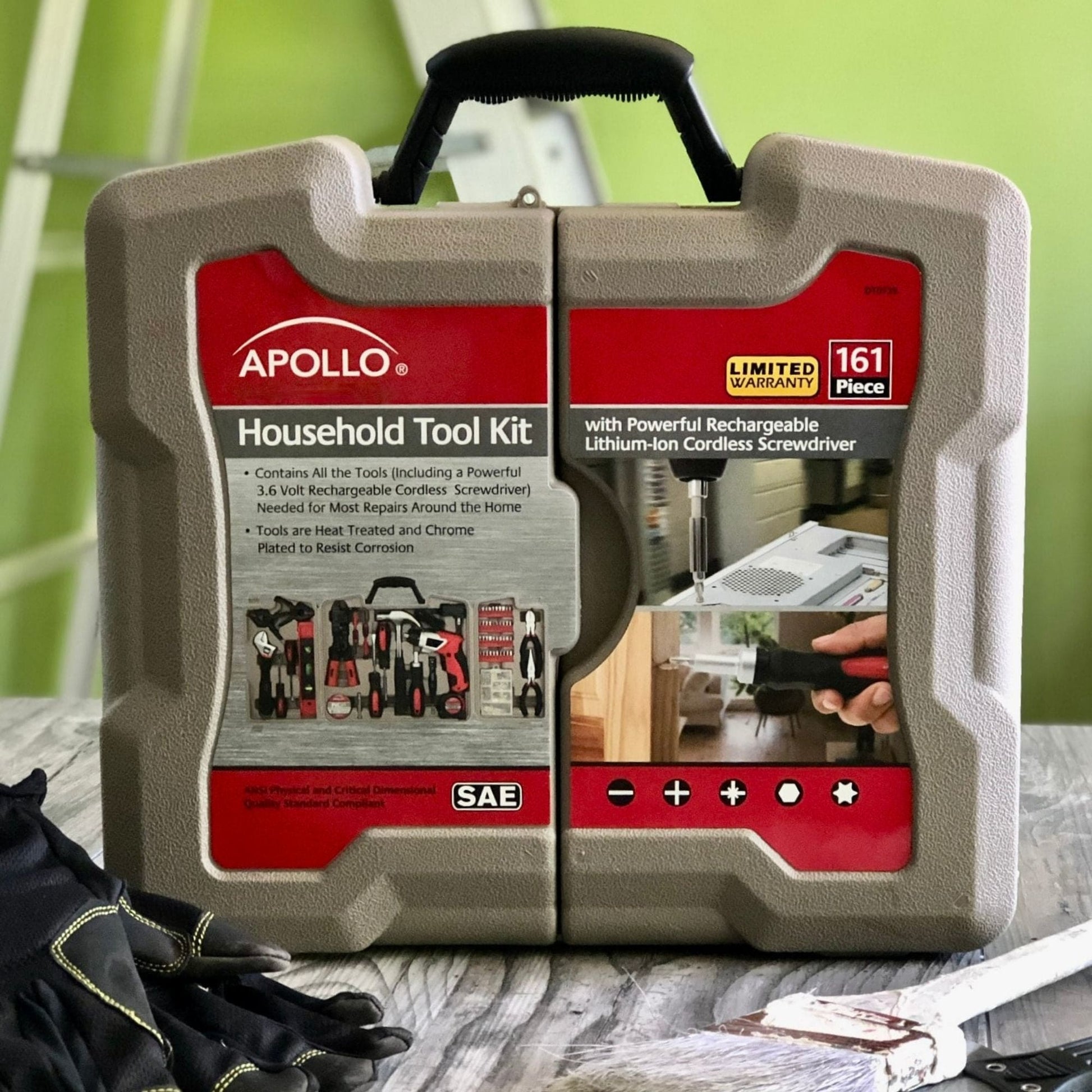 161 Piece Household Tool Kit with Convenient 3.6 Volt Lithium Ion Cordless Screwdriver - DT0739 by Apollo Tools