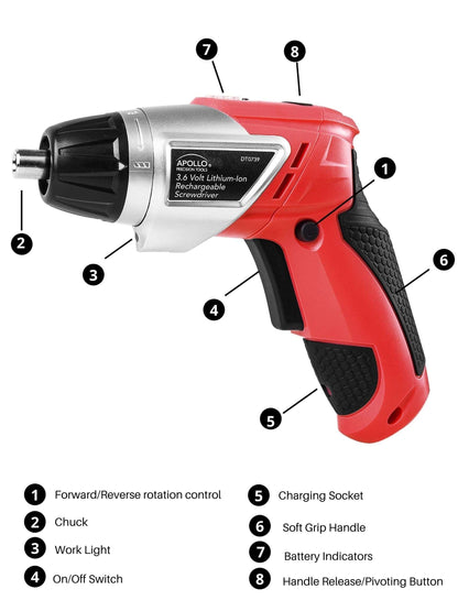 161 Piece Household Tool Kit with Convenient 3.6 Volt Lithium Ion Cordless Screwdriver - DT0739 by Apollo Tools