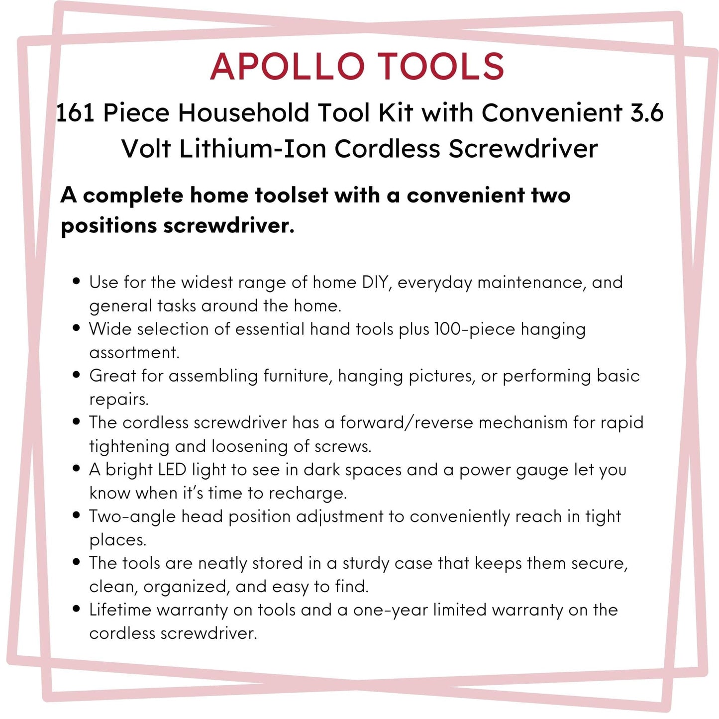 161 Piece Household Tool Kit with Convenient 3.6 Volt Lithium Ion Cordless Screwdriver - DT0739 by Apollo Tools