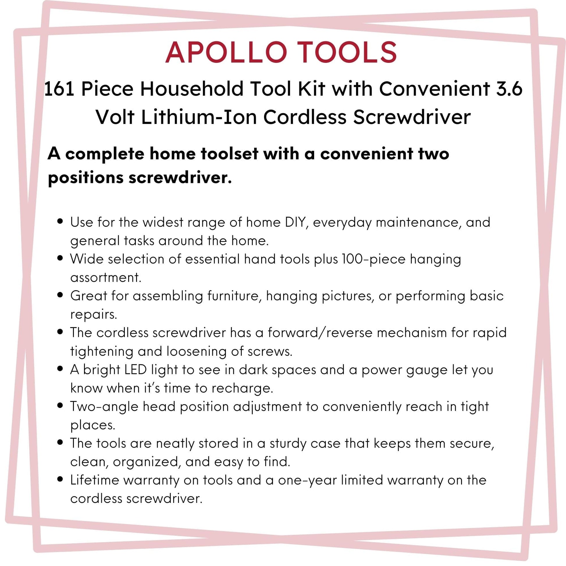 161 Piece Household Tool Kit with Convenient 3.6 Volt Lithium Ion Cordless Screwdriver - DT0739 by Apollo Tools