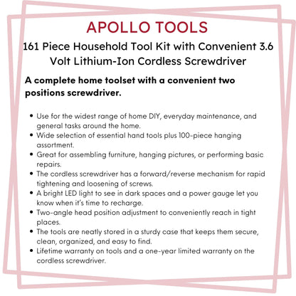 161 Piece Household Tool Kit with Convenient 3.6 Volt Lithium Ion Cordless Screwdriver - DT0739 by Apollo Tools