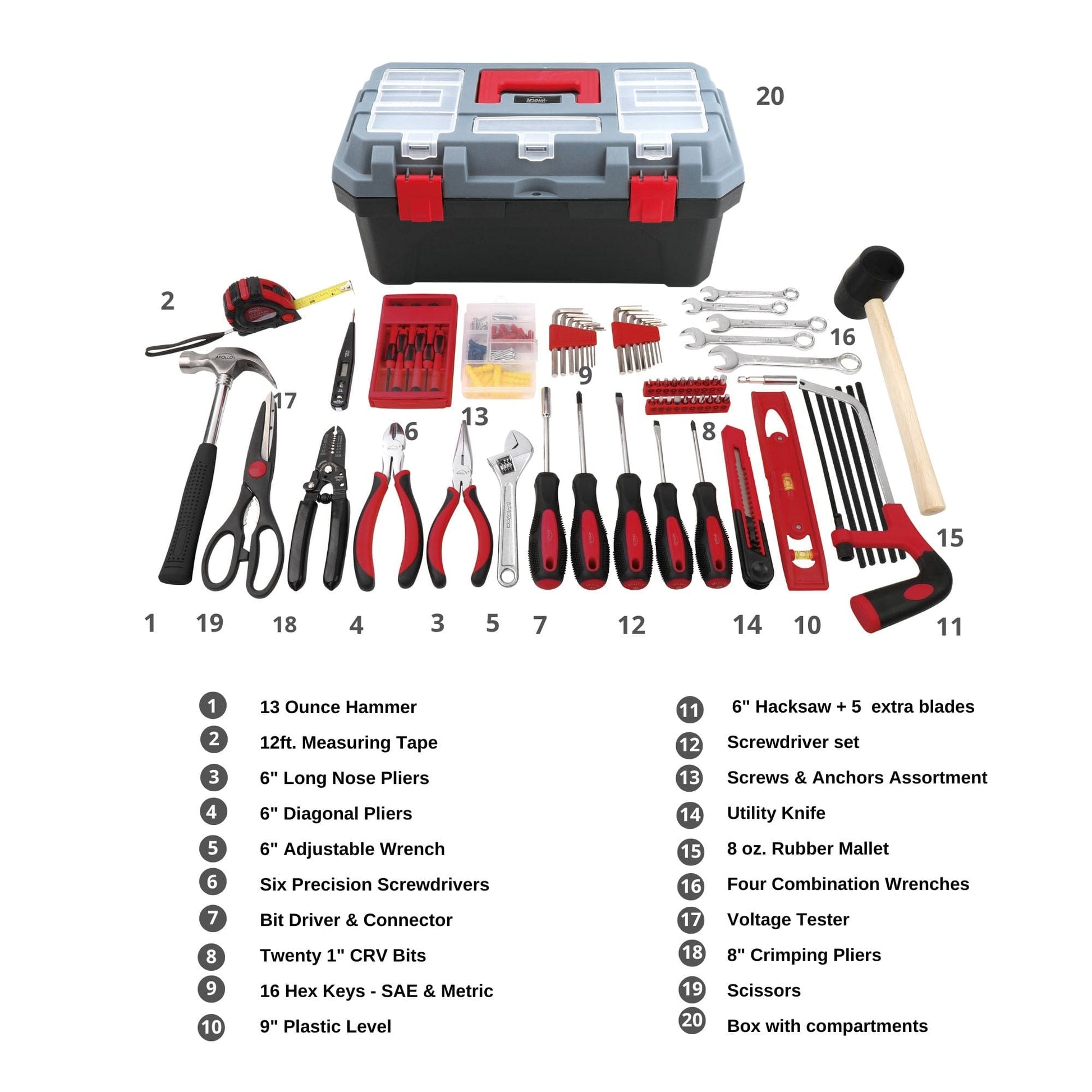 Red 170 Piece Household Tool Kit with New and Improved Tool Box - DT7103 by Apollo Tools