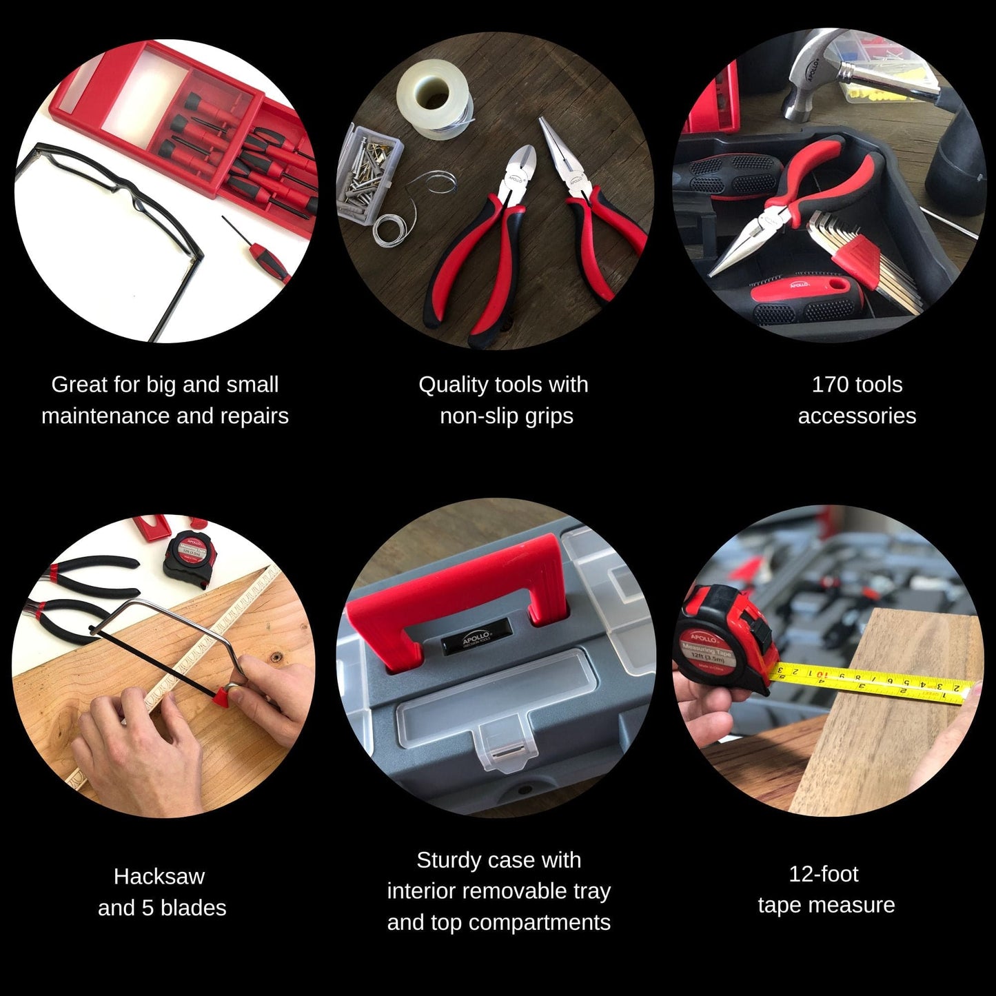 Red 170 Piece Household Tool Kit with New and Improved Tool Box - DT7103 by Apollo Tools