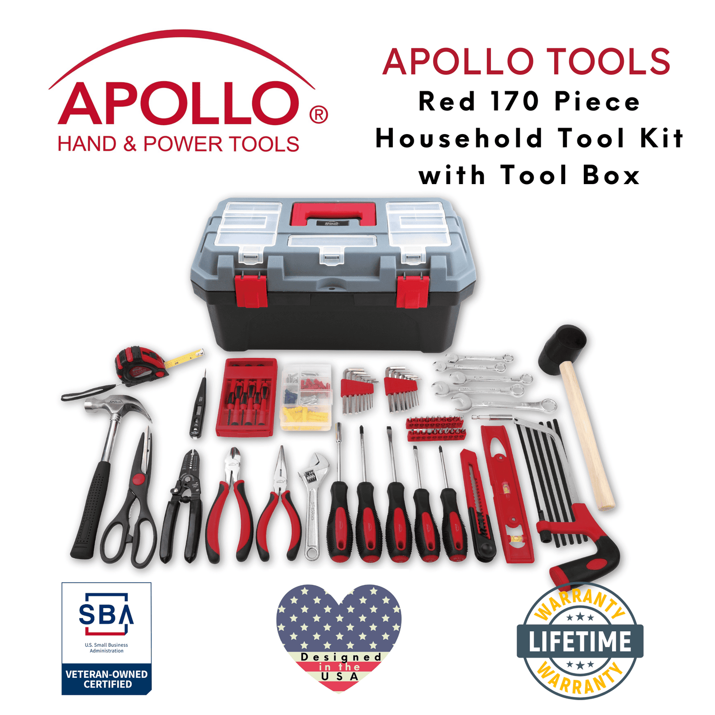 Red 170 Piece Household Tool Kit with New and Improved Tool Box - DT7103 by Apollo Tools