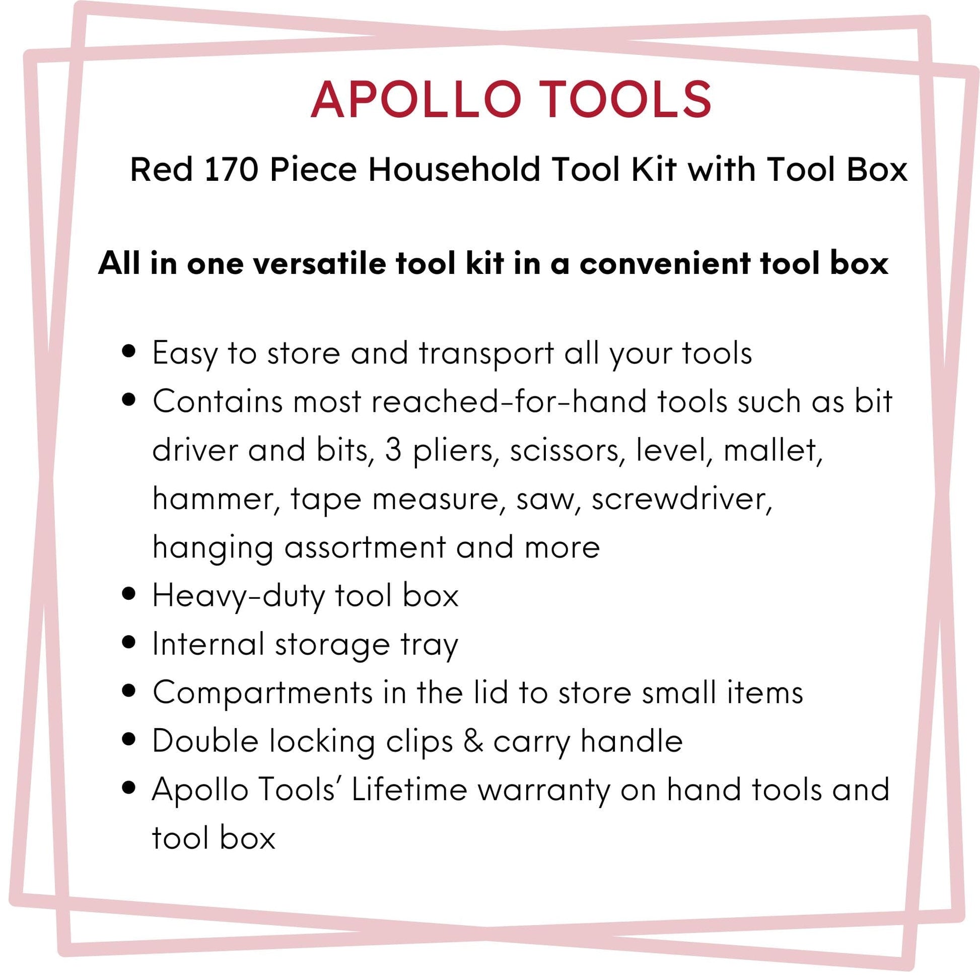 Red 170 Piece Household Tool Kit with New and Improved Tool Box - DT7103 by Apollo Tools