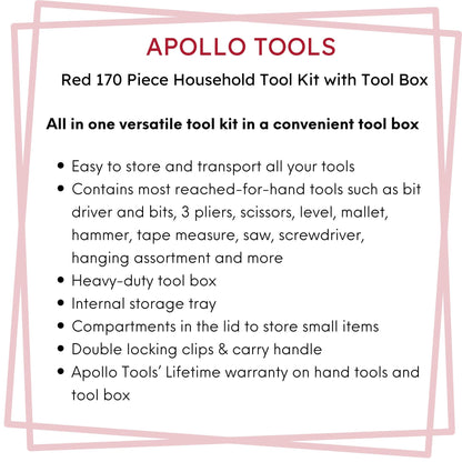 Red 170 Piece Household Tool Kit with New and Improved Tool Box - DT7103 by Apollo Tools