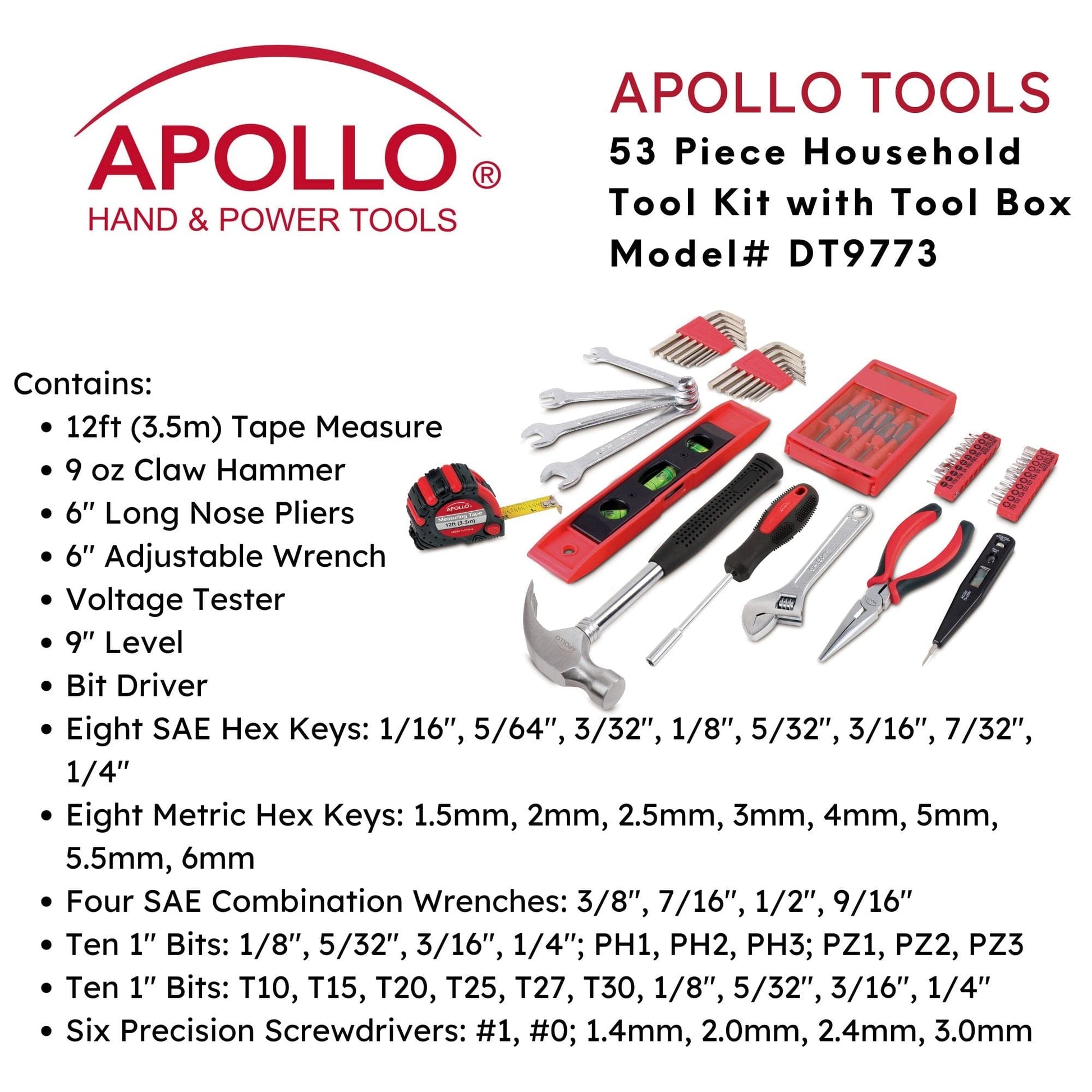 53 Piece Household Tool Kit with Tool Box - DT9773 by Apollo Tools