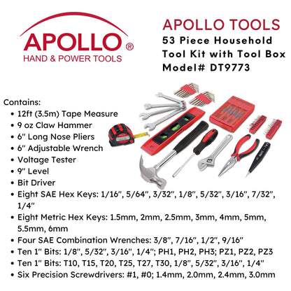 53 Piece Household Tool Kit with Tool Box - DT9773 by Apollo Tools