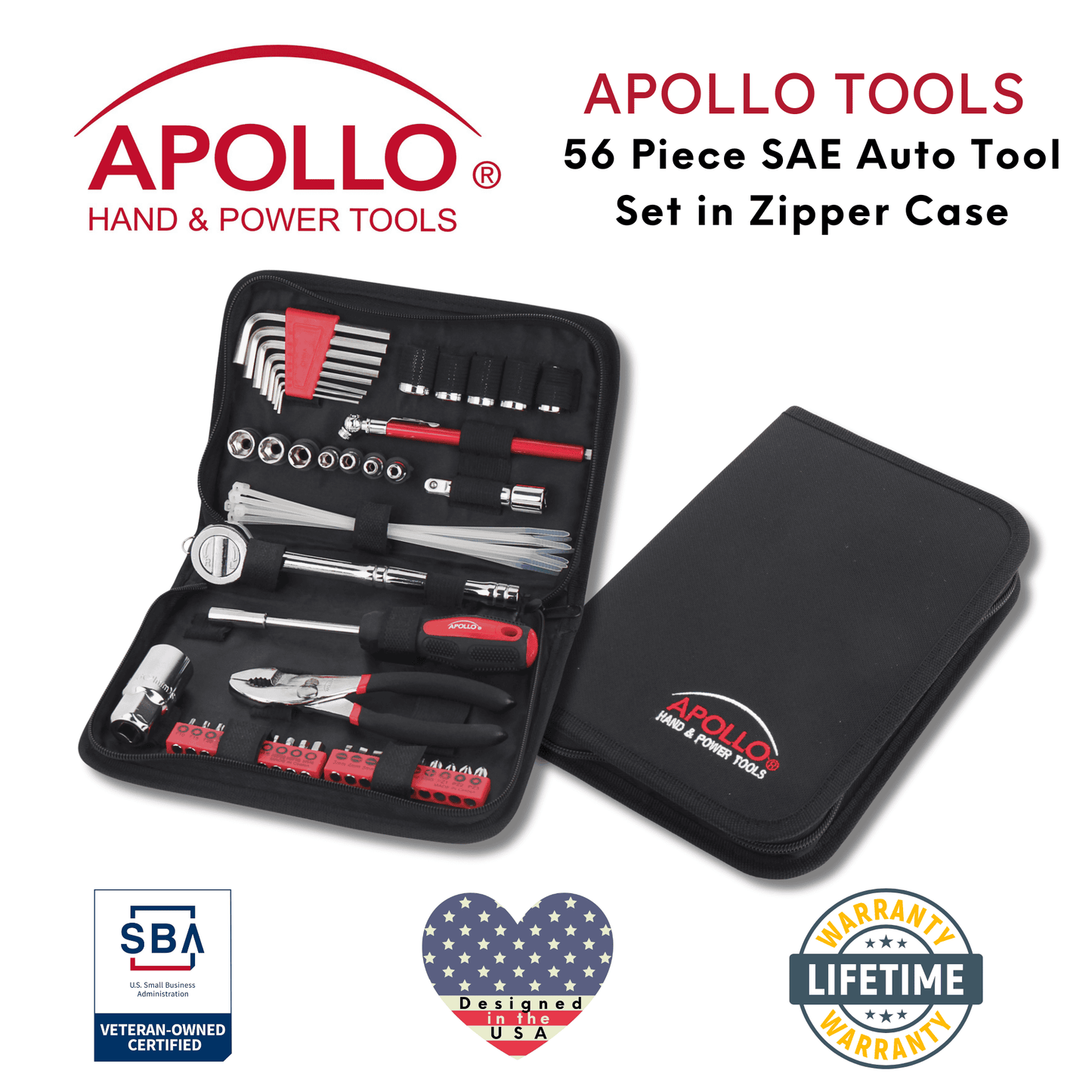 56 Piece SAE Auto Tool Set In Zipper Case - DT9774 by Apollo Tools