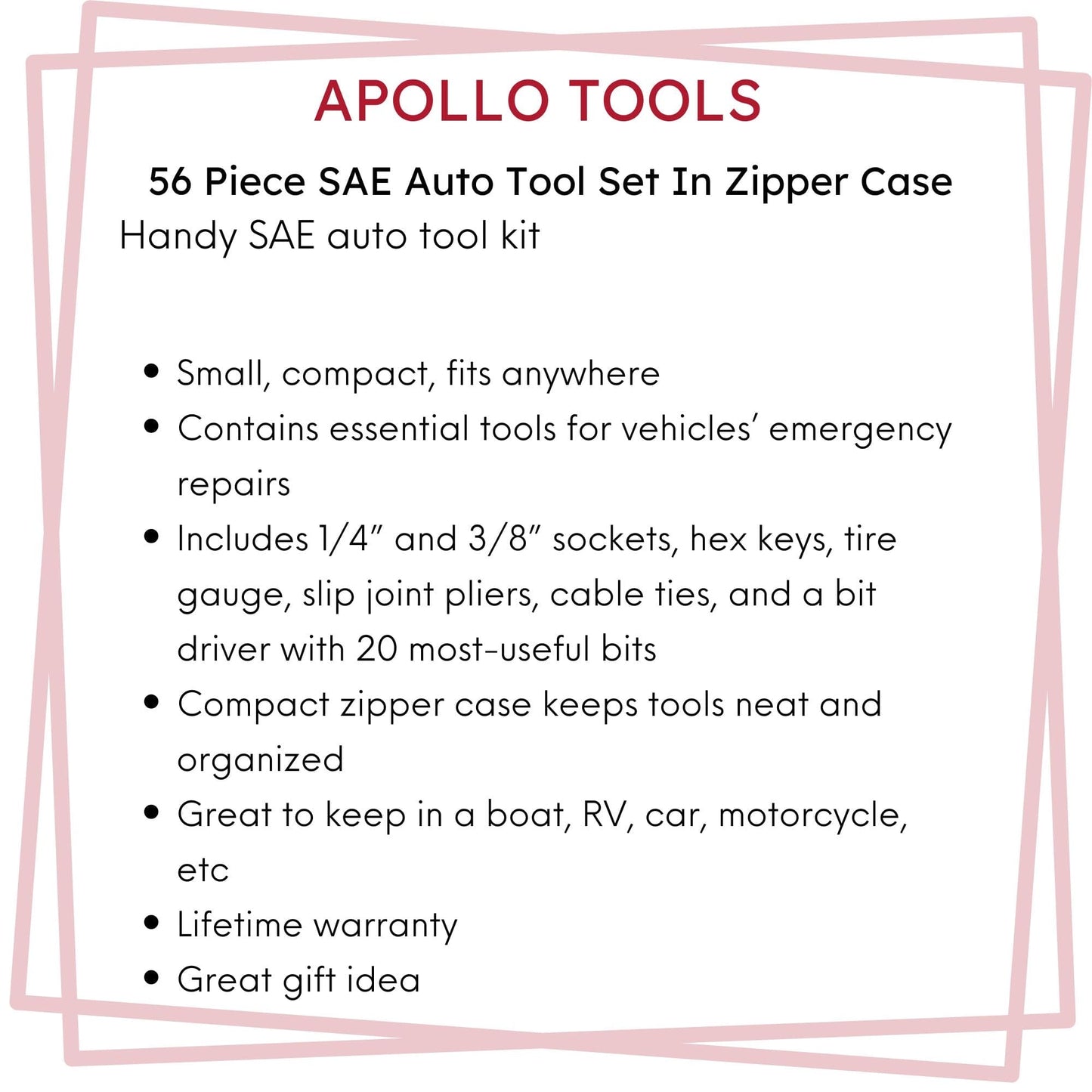 56 Piece SAE Auto Tool Set In Zipper Case - DT9774 by Apollo Tools